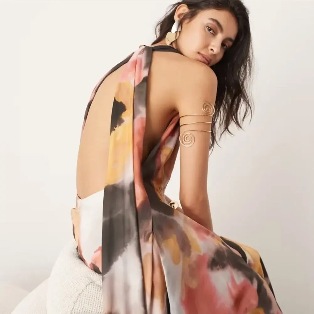 NEW Edition Asos Watercolor Print Satin Halter Maxi‎ Dress 4 Pink Black Tan NWT